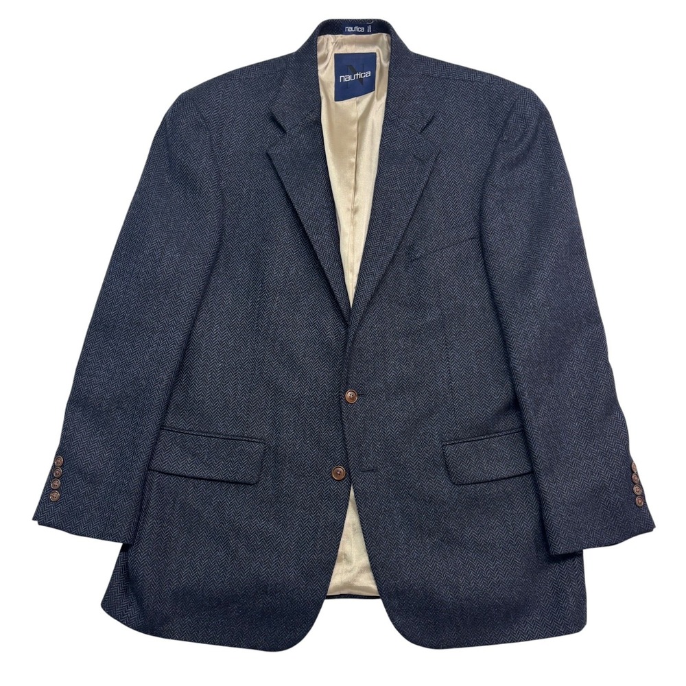 Nautica 46L Navy Blue Herringbone Alpaca Wool Tweed Blazer Jacket Sport Coat